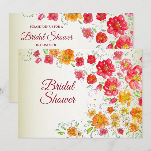 Convite Colorful Red Yellow Pink Floral Bridal Shower (Frente/Verso)
