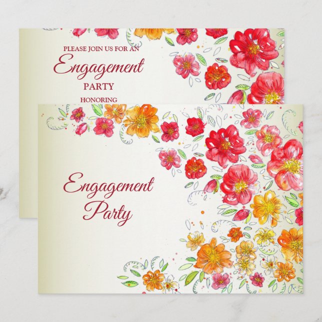 Convite Colorful Red Yellow Pink Floral Engagement Party (Frente/Verso)