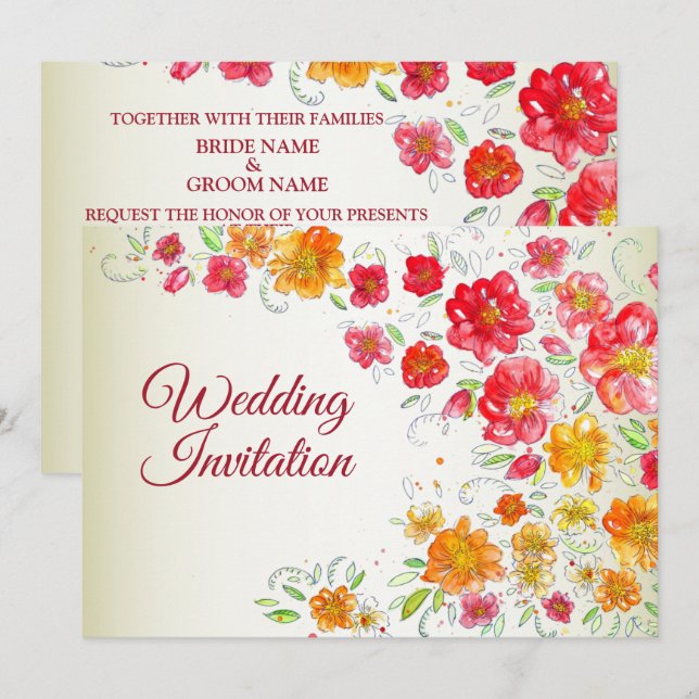 Convite Colorful Red Yellow Pink Garden Floral Wedding (Frente/Verso)