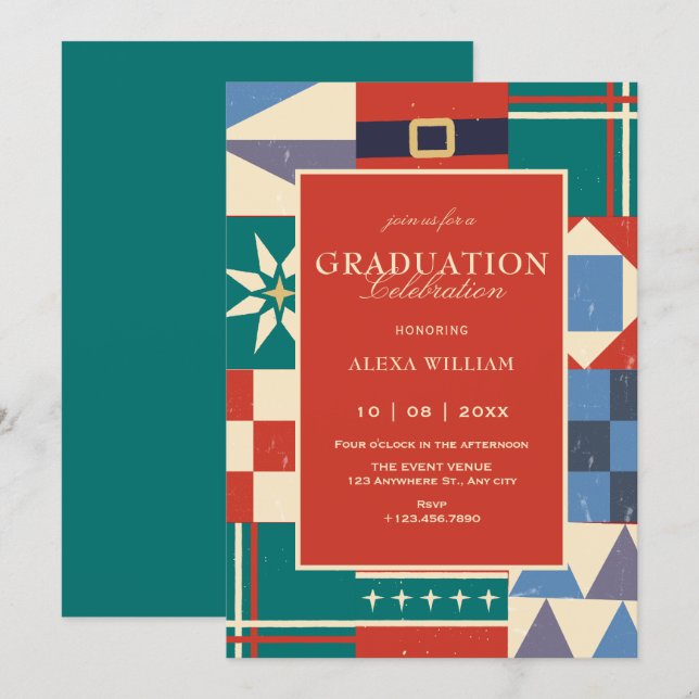 Convite Colorful retro geometric graduation (Frente/Verso)