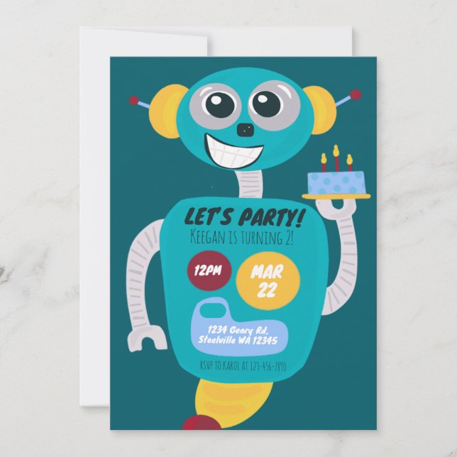 Convite Colorful Robot Boys Second Birthday Invitation (Frente)