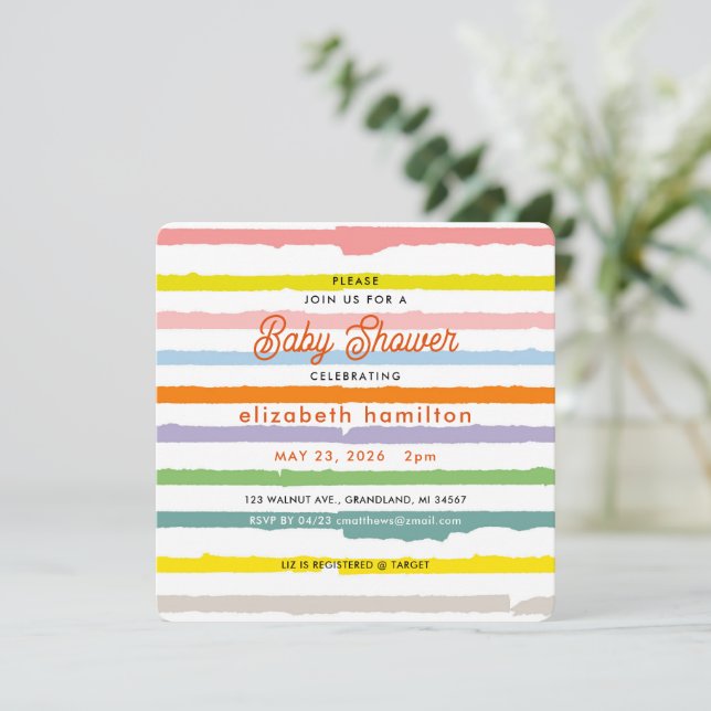 Convite Colorful Stripes Baby Shower Invitation (Em pé/Frente)