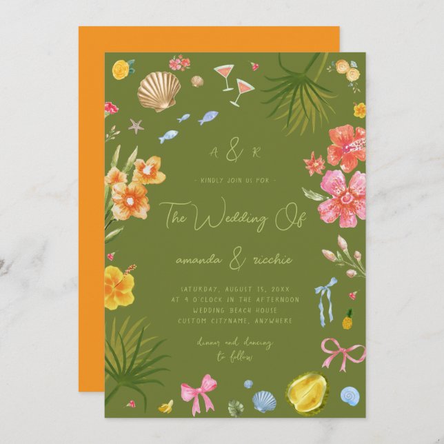 Convite Colorful Tropical Island Whimsical Beach Wedding (Frente/Verso)