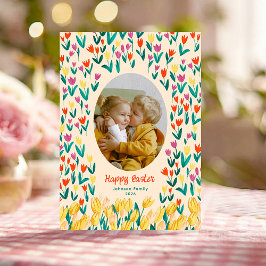 Convite Colorful Tulip Happy Easter Family Photo Greeting