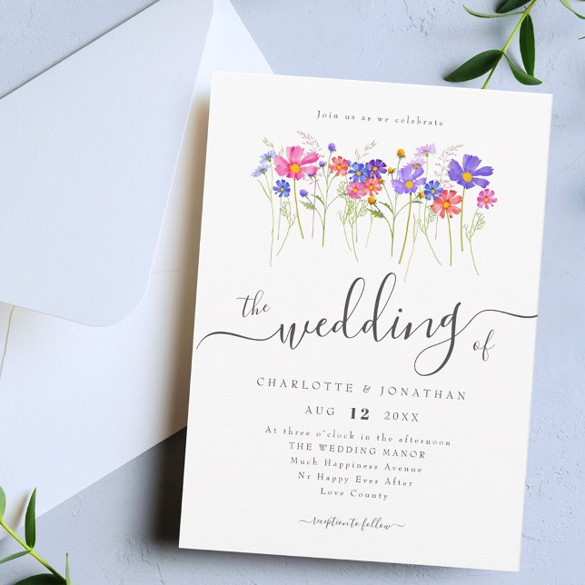 Convite Colorful Vibrant Bold Wildflowers Wedding (Colorful Vibrant bold watercolor wildflower blue purple pink orange yellow wedding invitation )