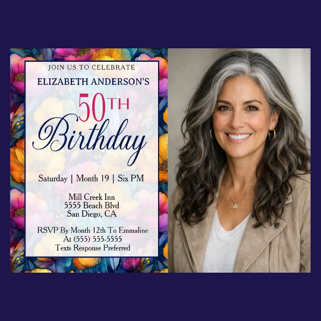 Convite Colorful Vibrant Poppy Flower 50th Birthday Photo (Colorful poppy floral 50th birthday photo invitation for woman milestone birthday celebration )
