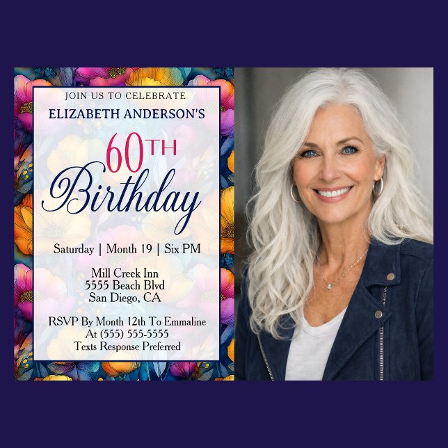 Convite Colorful Vibrant Poppy Flower 60th Birthday Photo (Colorful poppy floral 60th birthday photo invitation for woman milestone birthday celebration )