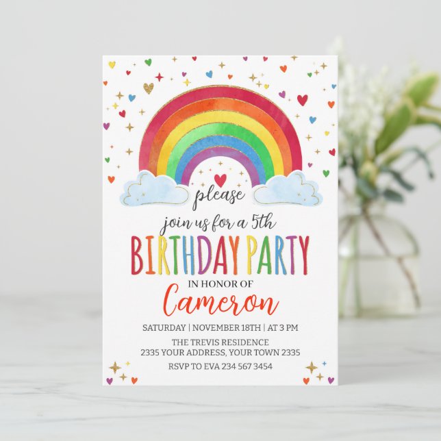 Convite Colorful Watercolor Rainbow Girl Birthday Party (Em pé/Frente)