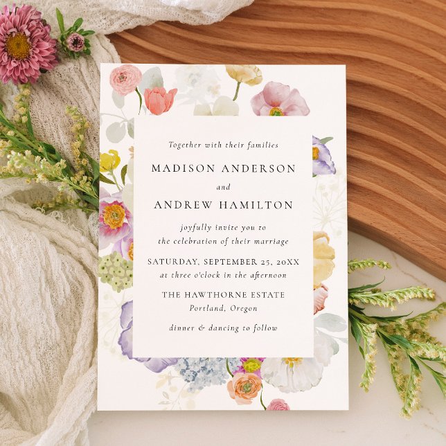Convite Colorful Watercolor Wildflower Wedding Invitation (Criador carregado)