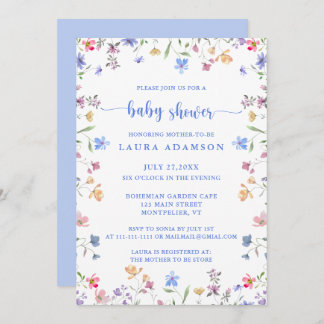 Convite Colorful Watercolor Wildflowers Blue Baby Shower