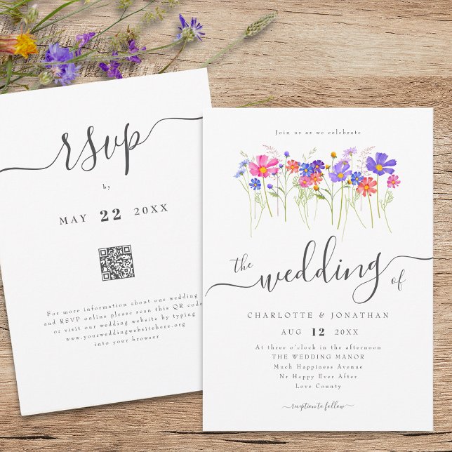 Convite Colorful Wildflower Boho Wedding QR code (Colorful vibrant wildflower boho wedding qr code invitation Elegant whimsical script meadow flowers)