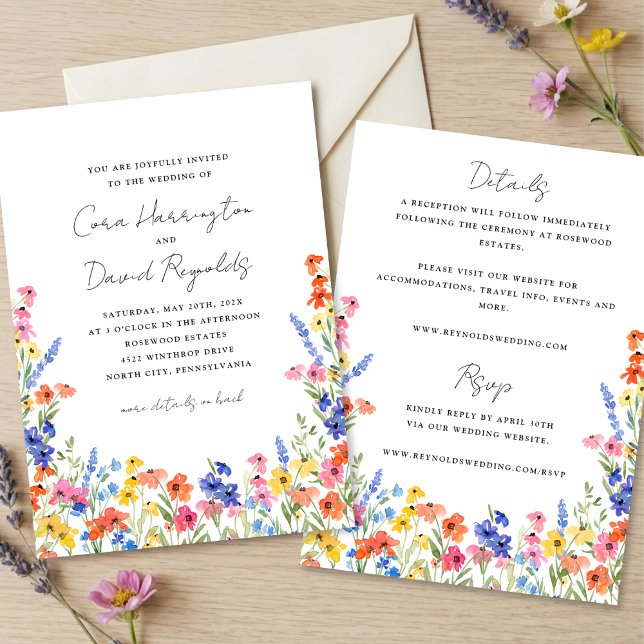 Convite Colorful Wildflowers Two Sided Wedding (Criador carregado)