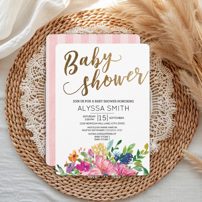 Convite Colorida Aquarela Chá de fraldas Branco Dourado Fl (Pink, blue, and yellow watercolor floral baby shower invitation)