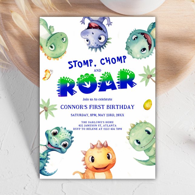 Convite Colorida Aquarela Dinossauro Primeira Festa de ani (Colorful Watercolor Dinosaur First Birthday Party Invitation)