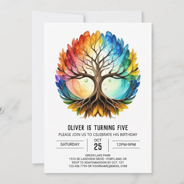 Convite Colorida Árvore Whimsical de Aniversário (Frente)