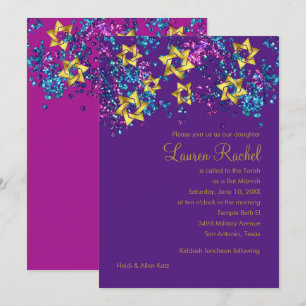 Convite Colorida Bat Mitzvah, Dourada Estrela Glittery Con
