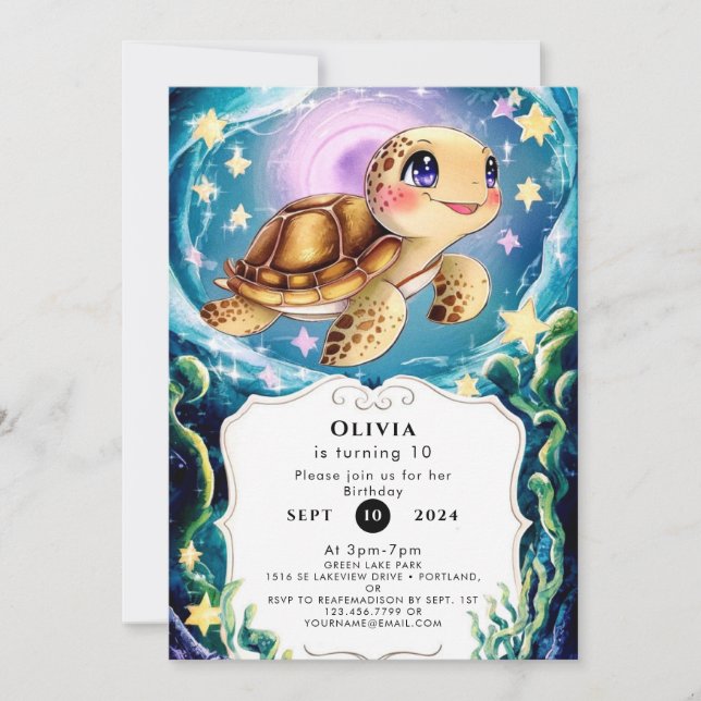 Convite Colorida Boho Submarino Tartaruga Aniversário (Frente)