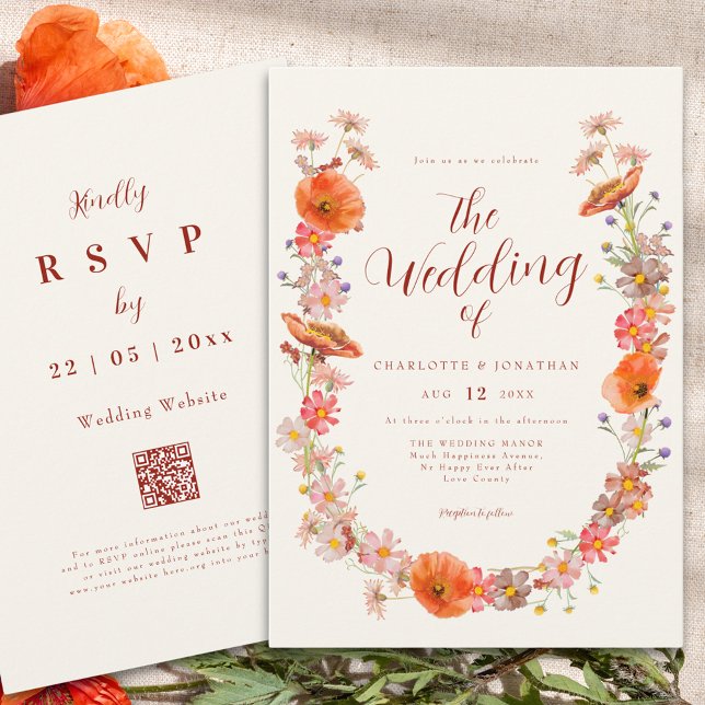 Convite Colorida Boho Wildflower Casamento outono (Elegant Boho wildflower wedding qr code invitation )