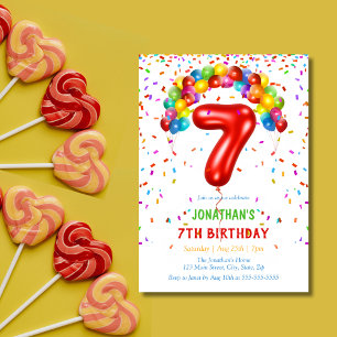 Convite Colorida Bright Confetti Balões 7 Aniversário