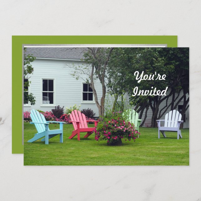 Convite Colorida Cadeira de Adirondack Foto Floral Anivers (Frente/Verso)