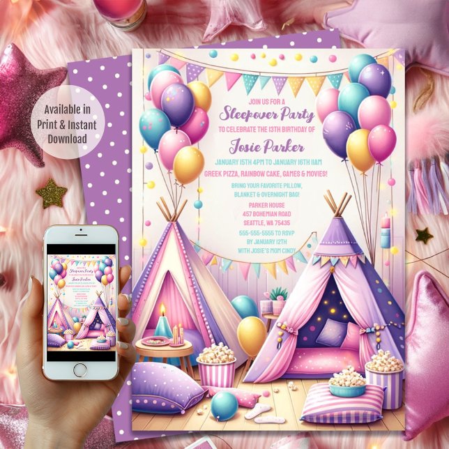 Convite Colorida Charming Teepee Birthday Sleepover Party (Available in Print and Instant Download)