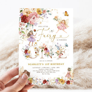 Convite Colorida Fada de Flor Selvagem primeiro aniversari