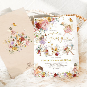 Convite Colorida Fada de Flor Selvagem Princesa 4.o Aniver