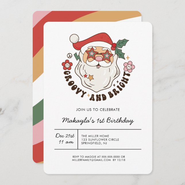 Convite Colorida Groovy Retro Natal Aniversário (Frente/Verso)