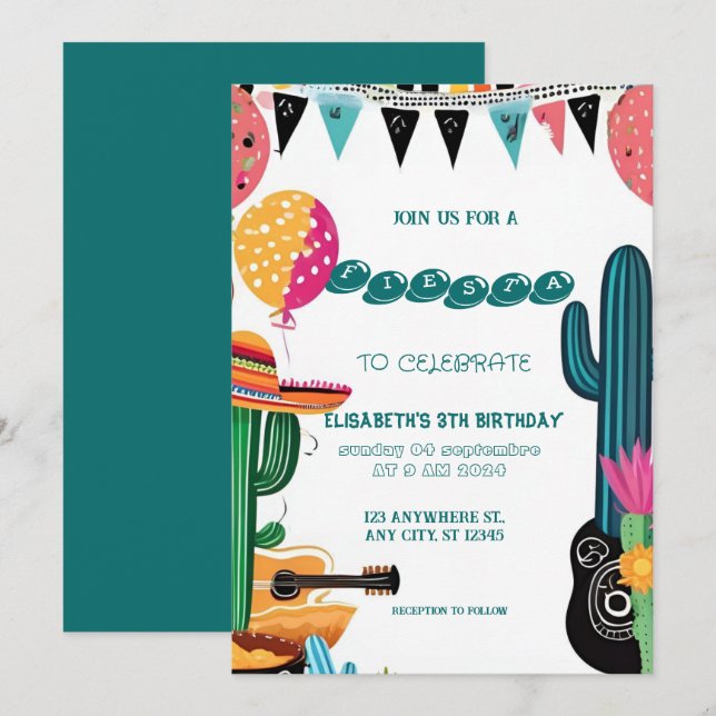 Convite Colorida mexicana Fiesta Birthday (Frente/Verso)