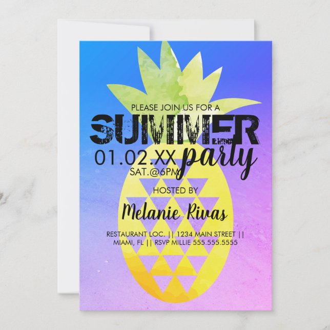 Convite Colorida Summer Birthday Beach Party Pineapple (Frente)