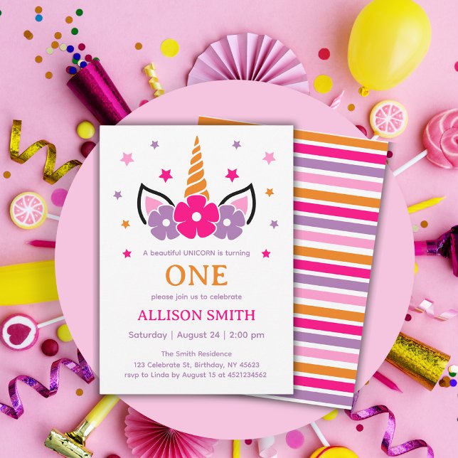 Convite Colorida Unicorn Girls Birthday (Announce the upcoming birthday party with this eye-catching unicorn invitation. Order now!)