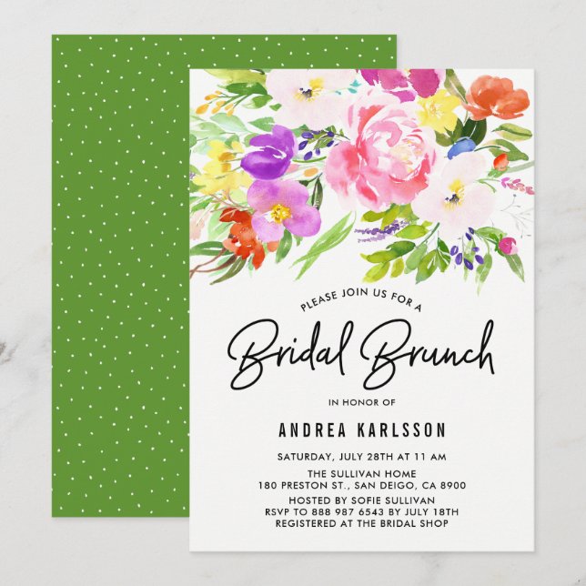 Convite Colorida Watercolor Primavera Blooms Bridal Brunch (Frente/Verso)