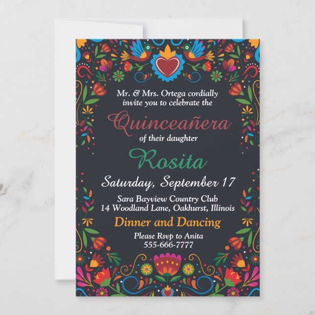 Convite Coloridas Espanholas 15 de Aniversário Quinceanera (Frente)