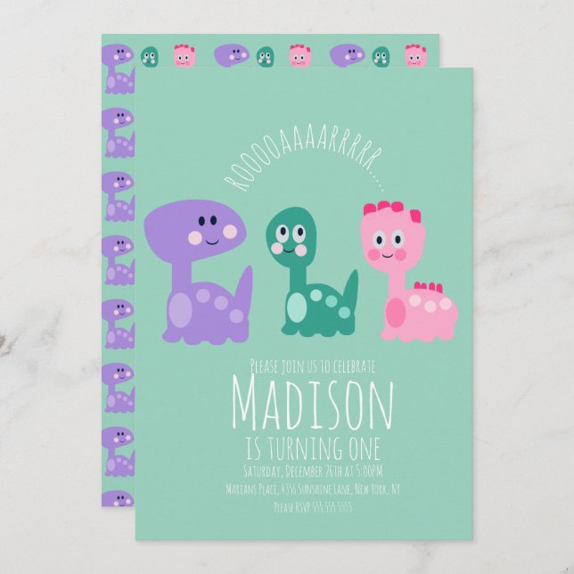 Convite Colorido à Festa de aniversário de Dinossa (Frente/Verso)