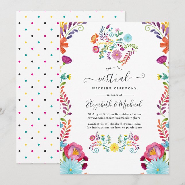 Convite Colorido Casamento Virtual de Fiesta Floral Mexica (Frente/Verso)