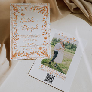 Convite Colorido Código QR de Foto Floral Desenhada Laranj