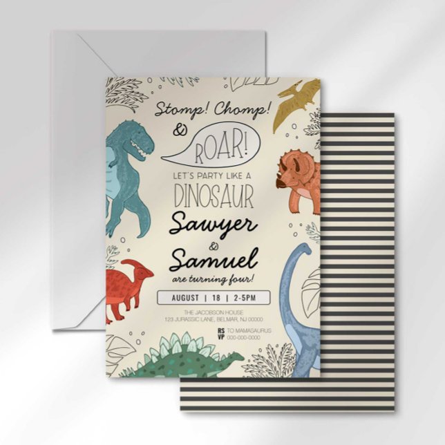 Convite Colorido de Aniversário de Dinossauros Gêm (Criador carregado)