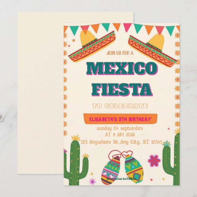 Convite Colorido de Aniversário Fiesta Mexicana (Frente/Verso)