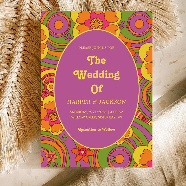 Convite Colorido Floral Ousado Casamento Retrô Hippie dos  (Criador carregado)