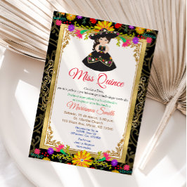 Convite Colorido Floral Preto Dourado para Quincea