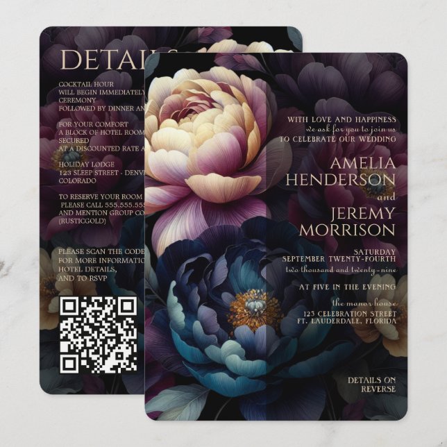 Convite Colorido Floral Temperamental com Código QR (Frente/Verso)