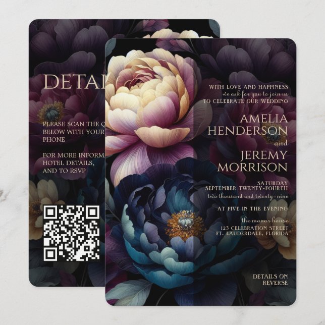 Convite Colorido Floral Temperamental com Código QR (Frente/Verso)
