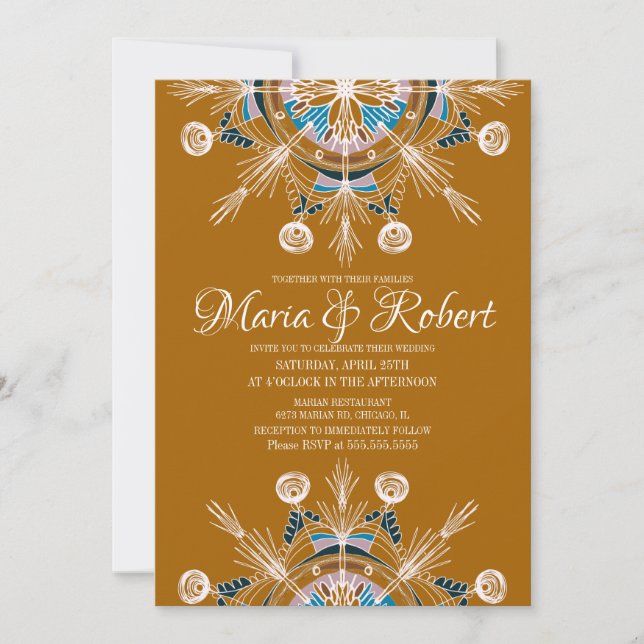 Convite Colorido Mandala Boêmio Mostarda Casamento Boho (Frente)