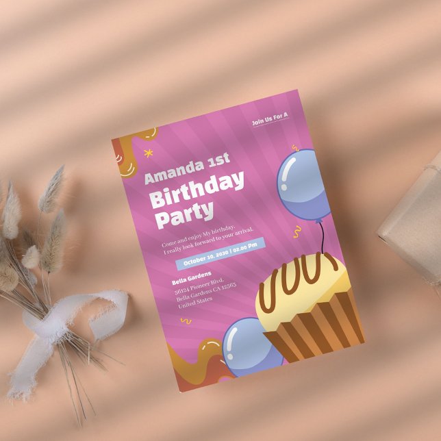 Convite Colorido para primeiros aniversarios Rosa (Criador carregado)