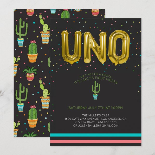 Convite Colorido Primeiro Aniversário Fiesta | UNO Balões (Frente/Verso)
