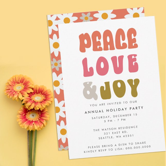 Convite Colorido Retro Groovy Paz Amor Alegria Feriado (Colorful Retro Groovy Peace Love Joy Holiday Invitation)