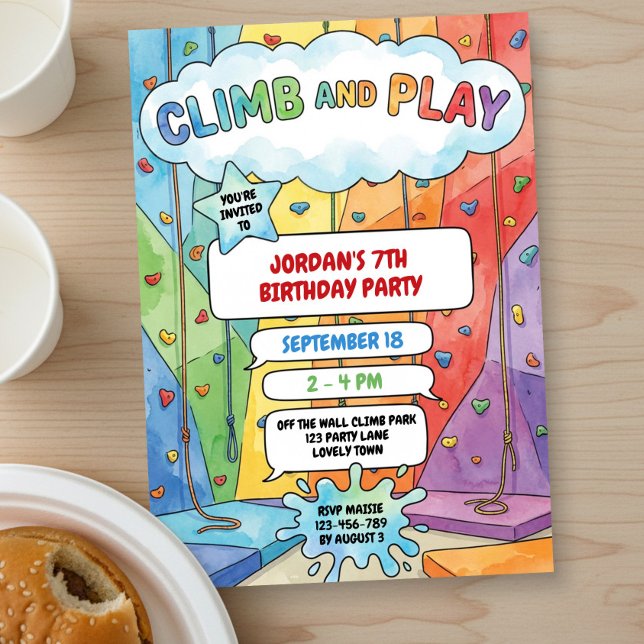 Convite Coloridos Crianças Escalando e Brincando de Escala (Colorful kids clip and climb rock wall climbing birthday invitation by Darling & May)