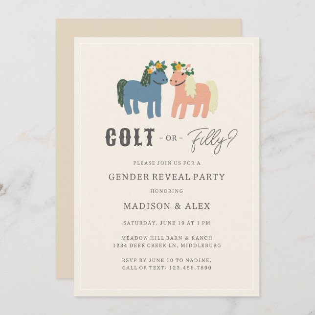 Convite Colt or Filly Cute Horse Theme Gender Reveal Party (Frente/Verso)