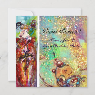 Convite COLUNA,Doce 6 Mascarada, azul vermelho