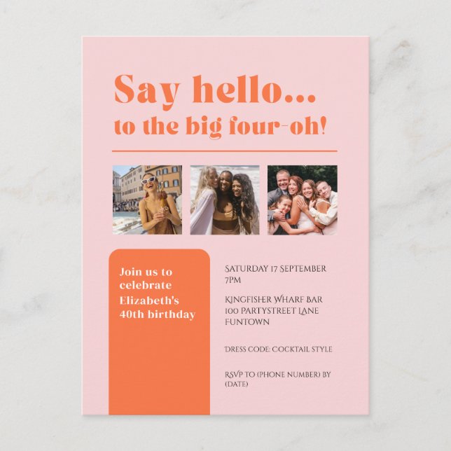 Convite com 3 fotos, retrato de aniversário de 40  (Frente)